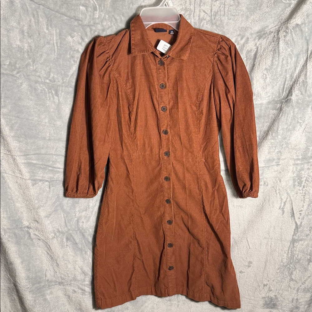 Gap Dress NWT xsmall‎ brown corduroy Button-Up Dress. Long mini puff shoulder